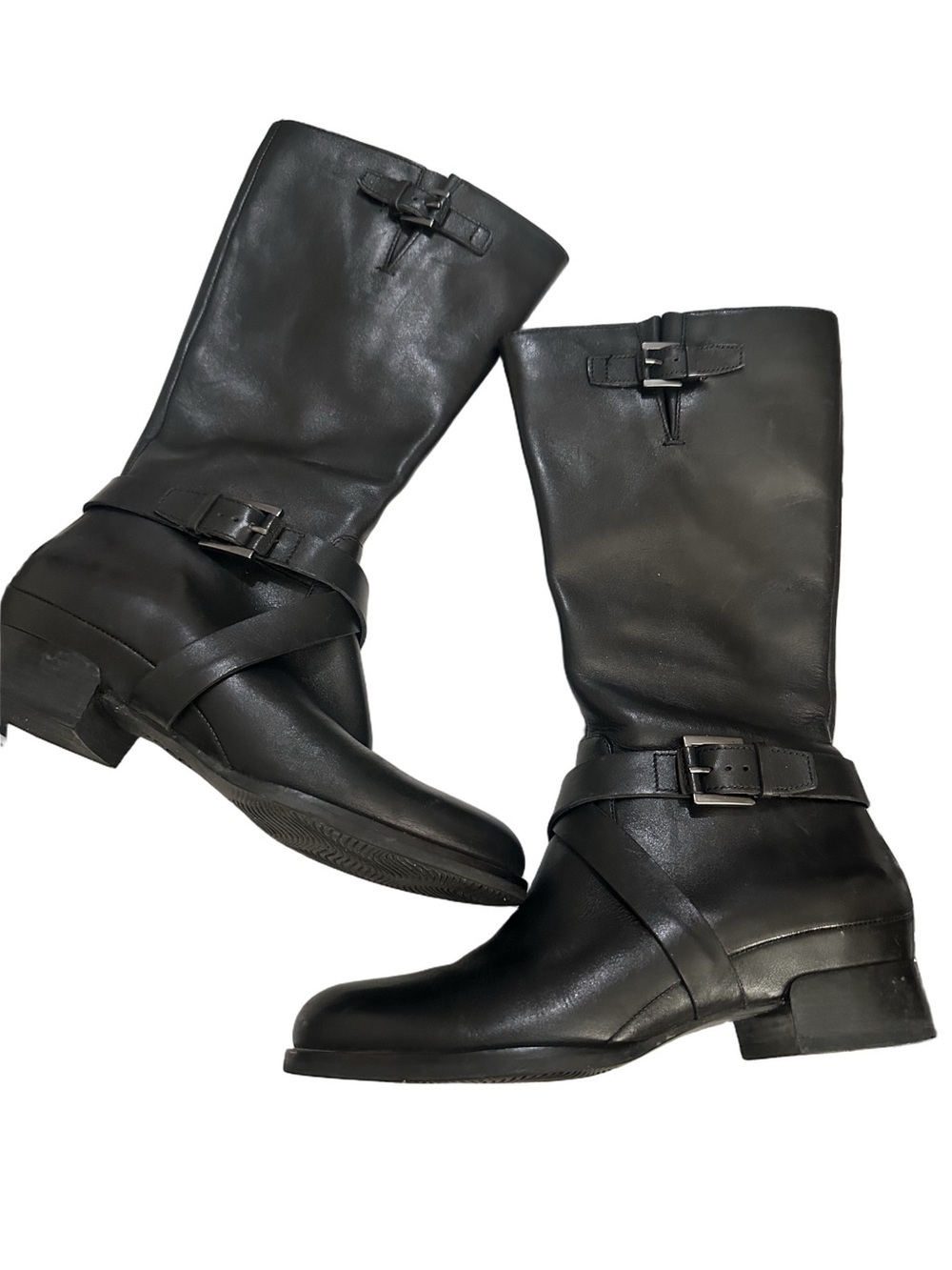 Ecco Black Leather Buckled Mid-Calf Combat Adjustable Riding Boots Sz 38 / 7 US